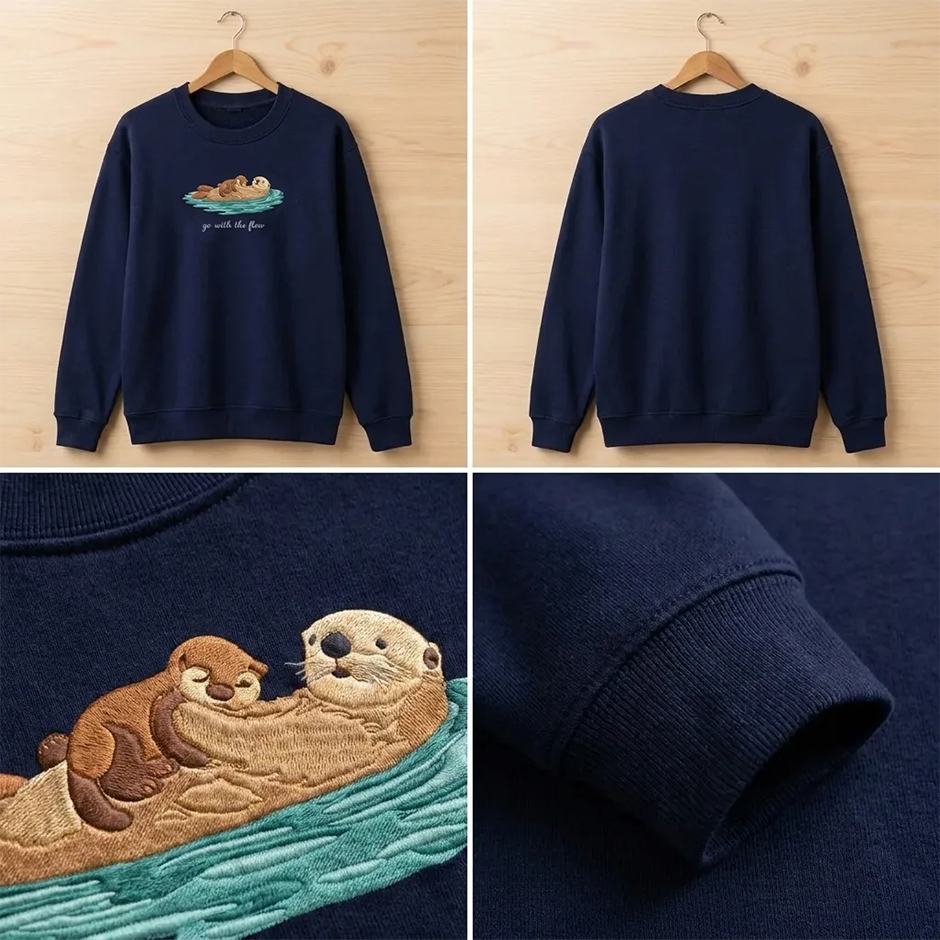 Embroidered Sea Otter Mother and Baby Shirt, Go With The Flow Crewneck, Cute Wildlife Pullover, Nature Lover Gift - 0409