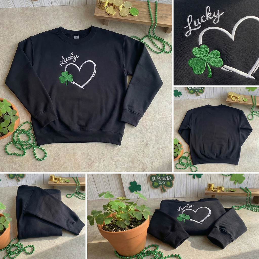 Embroidered Shamrock Heart Sweatshirt, Lucky Clover Top