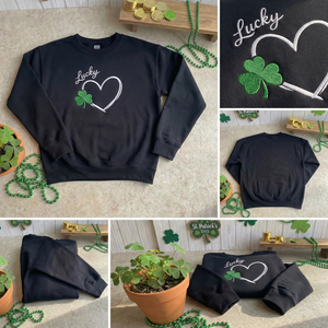 Embroidered Shamrock Heart Sweatshirt, Lucky Clover Top