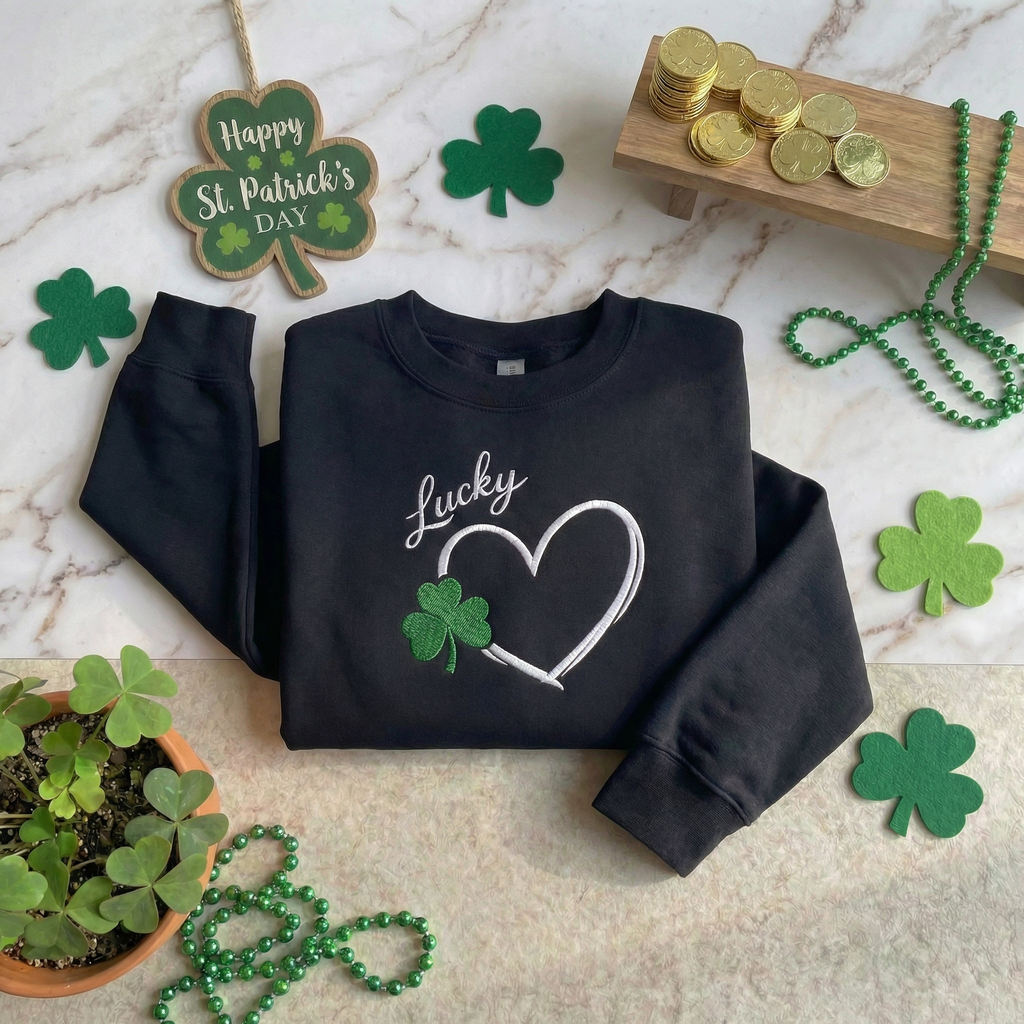 Embroidered Shamrock Heart Sweatshirt, Lucky Clover Top