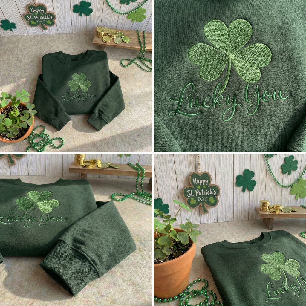 Embroidered Shamrock Sweatshirt, Lucky You St Patricks Top