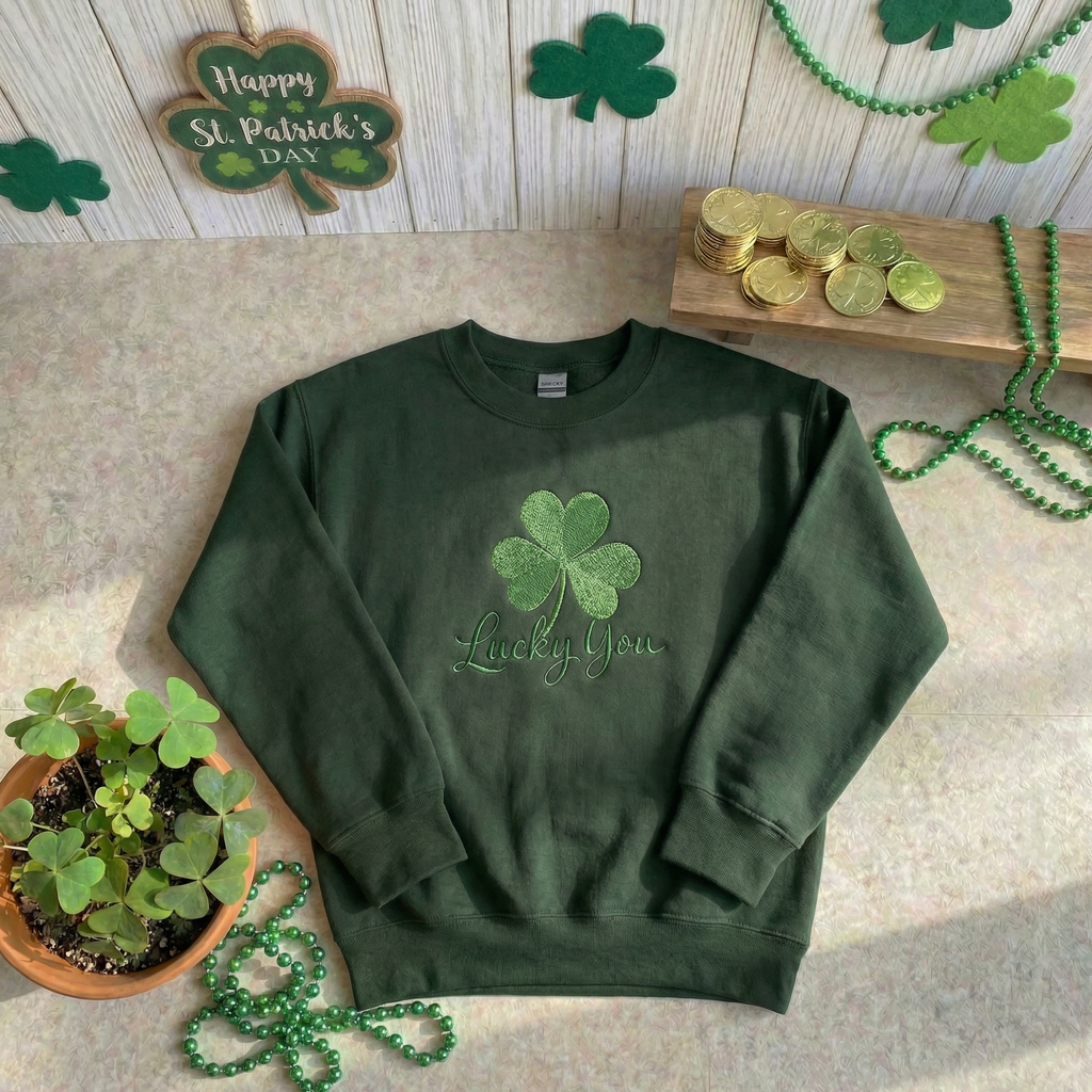 Embroidered Shamrock Sweatshirt, Lucky You St Patricks Top