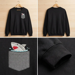 Embroidered Shark Pocket Sweatshirt, Ocean Faux Pocket Crewneck