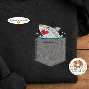 Embroidered Shark Pocket Sweatshirt, Ocean Faux Pocket Crewneck