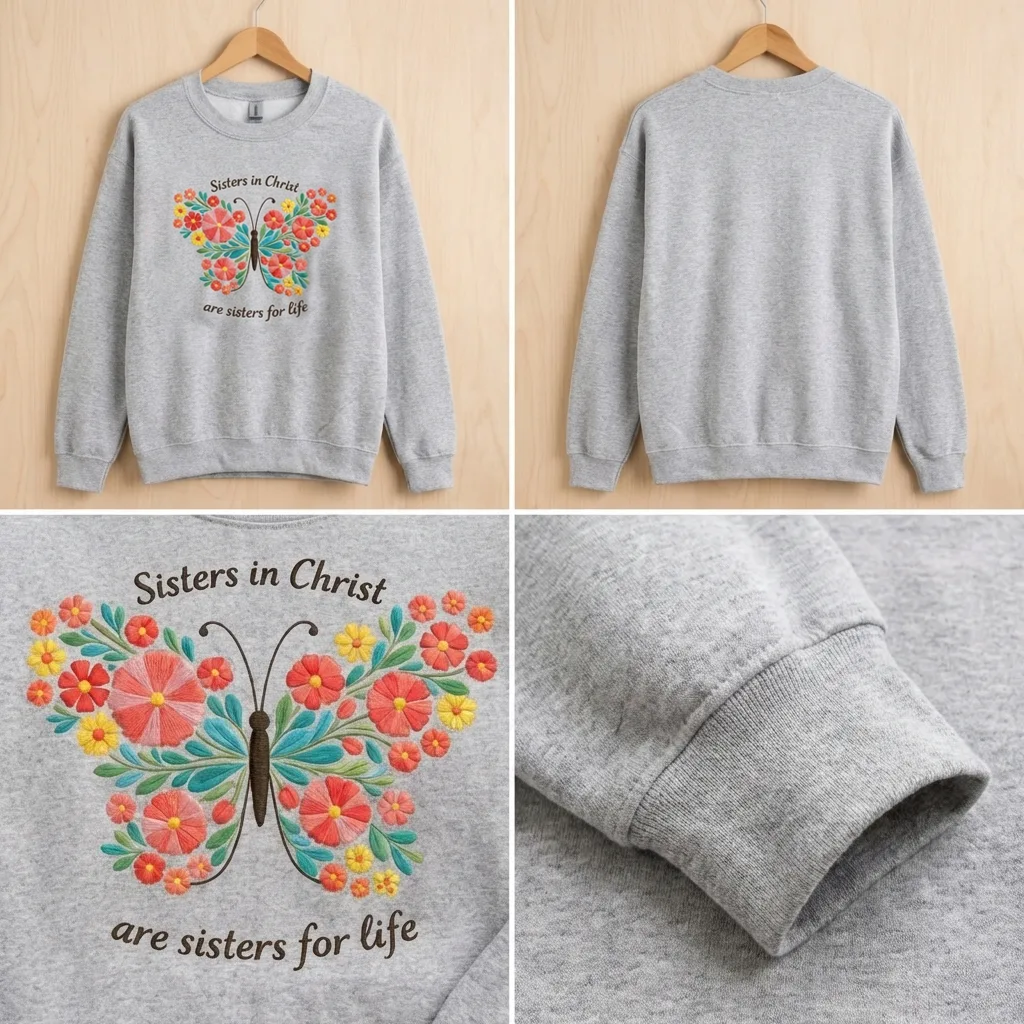 Embroidered Sisters In Christ Sweatshirt, Floral Butterfly Shirt