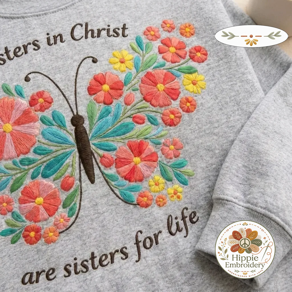 Embroidered Sisters In Christ Sweatshirt, Floral Butterfly Shirt