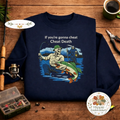Embroidered Skeleton Fishing Sweatshirt, Cheat Death Crewneck