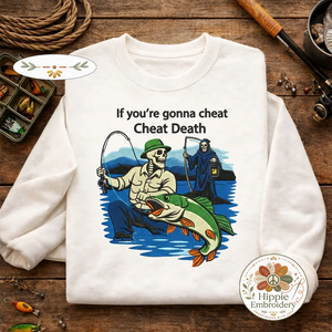 Embroidered Skeleton Fishing Sweatshirt, Cheat Death Crewneck