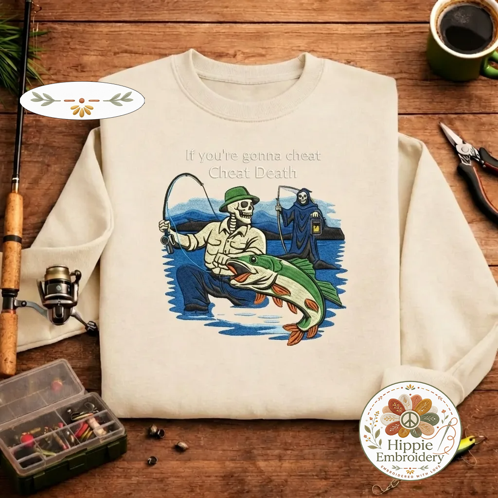 Embroidered Skeleton Fishing Sweatshirt, Cheat Death Crewneck