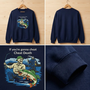 Embroidered Skeleton Fishing Sweatshirt, Cheat Death Crewneck