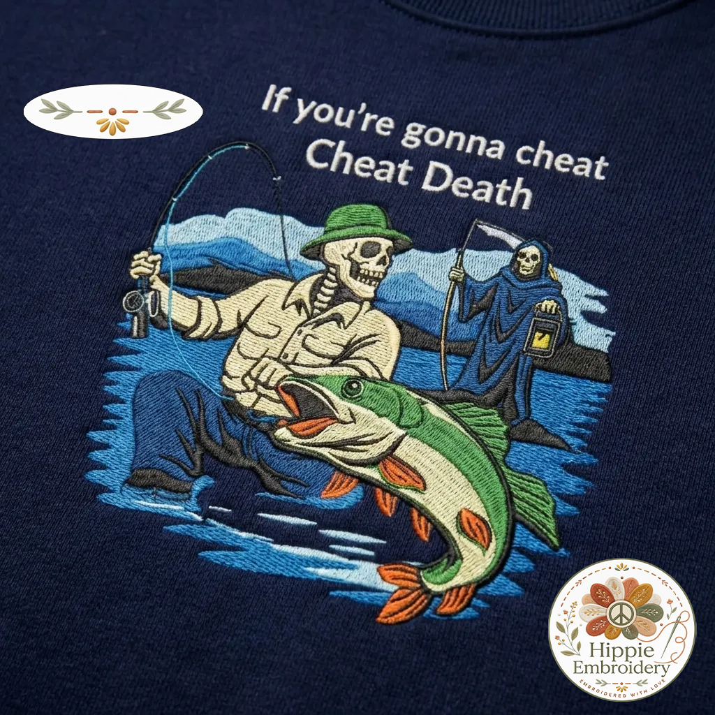 Embroidered Skeleton Fishing Sweatshirt, Cheat Death Crewneck