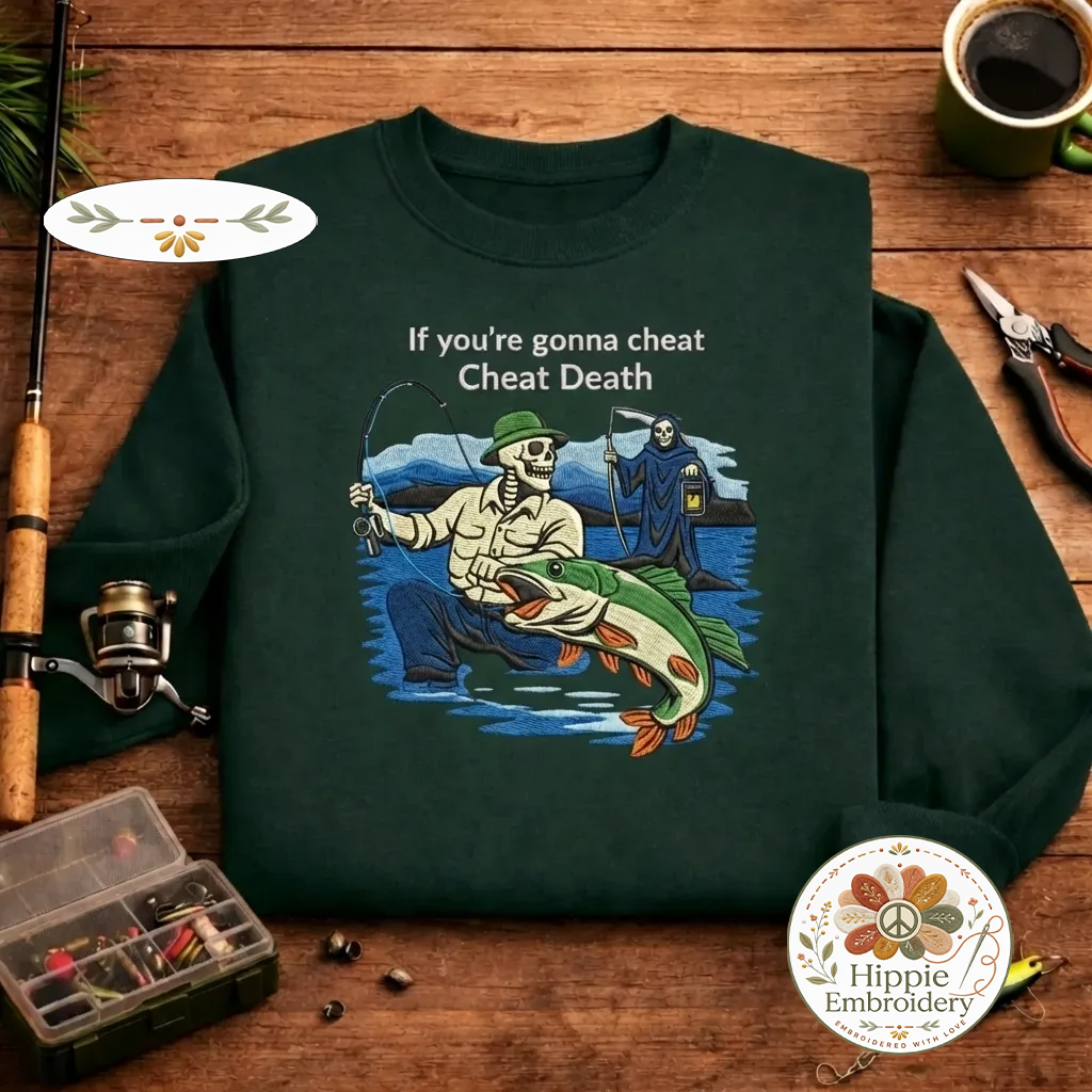 Embroidered Skeleton Fishing Sweatshirt, Cheat Death Crewneck