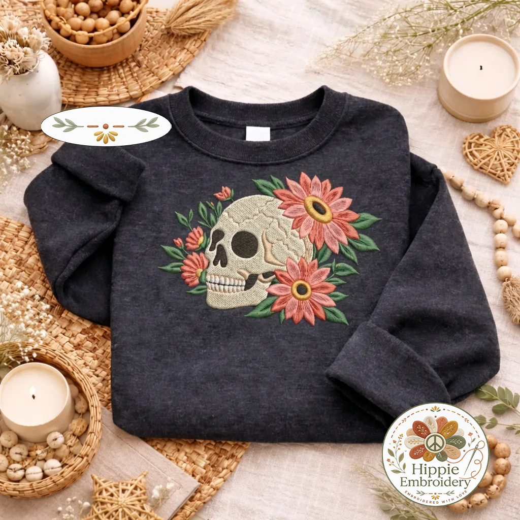 Embroidered Skull Pink Daisies Sweatshirt, Dark Boho Top