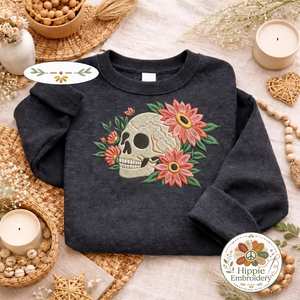 Embroidered Skull Pink Daisies Sweatshirt, Dark Boho Top