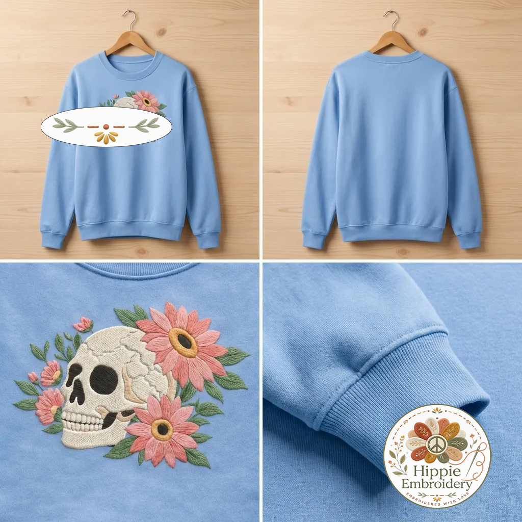 Embroidered Skull Pink Daisies Sweatshirt, Dark Boho Top