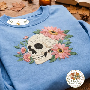 Embroidered Skull Pink Daisies Sweatshirt, Dark Boho Top