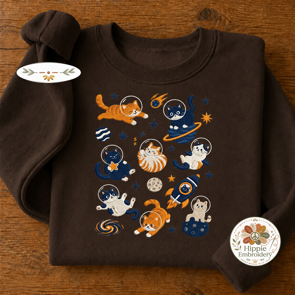 Embroidered Space Cats Astronaut Sweatshirt, Celestial Cat Crew