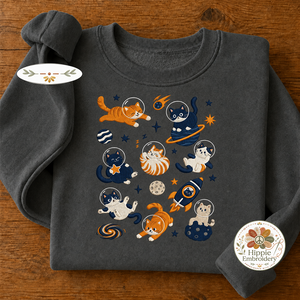 Embroidered Space Cats Astronaut Sweatshirt, Celestial Cat Crew