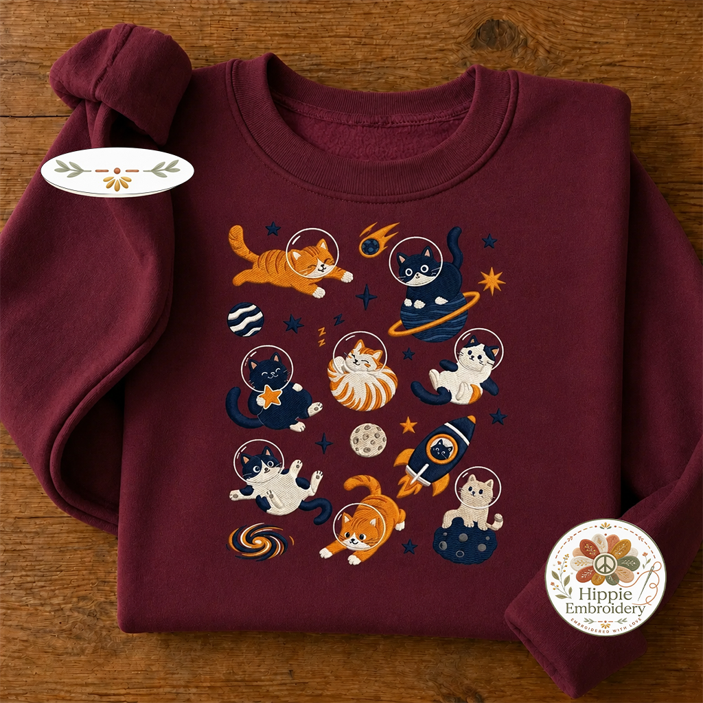 Embroidered Space Cats Astronaut Sweatshirt, Celestial Cat Crew