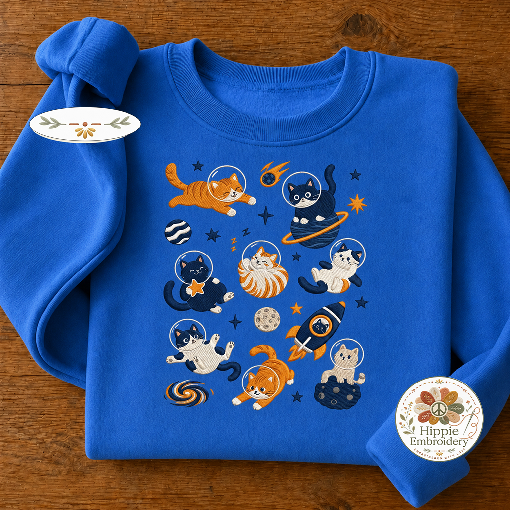 Embroidered Space Cats Astronaut Sweatshirt, Celestial Cat Crew