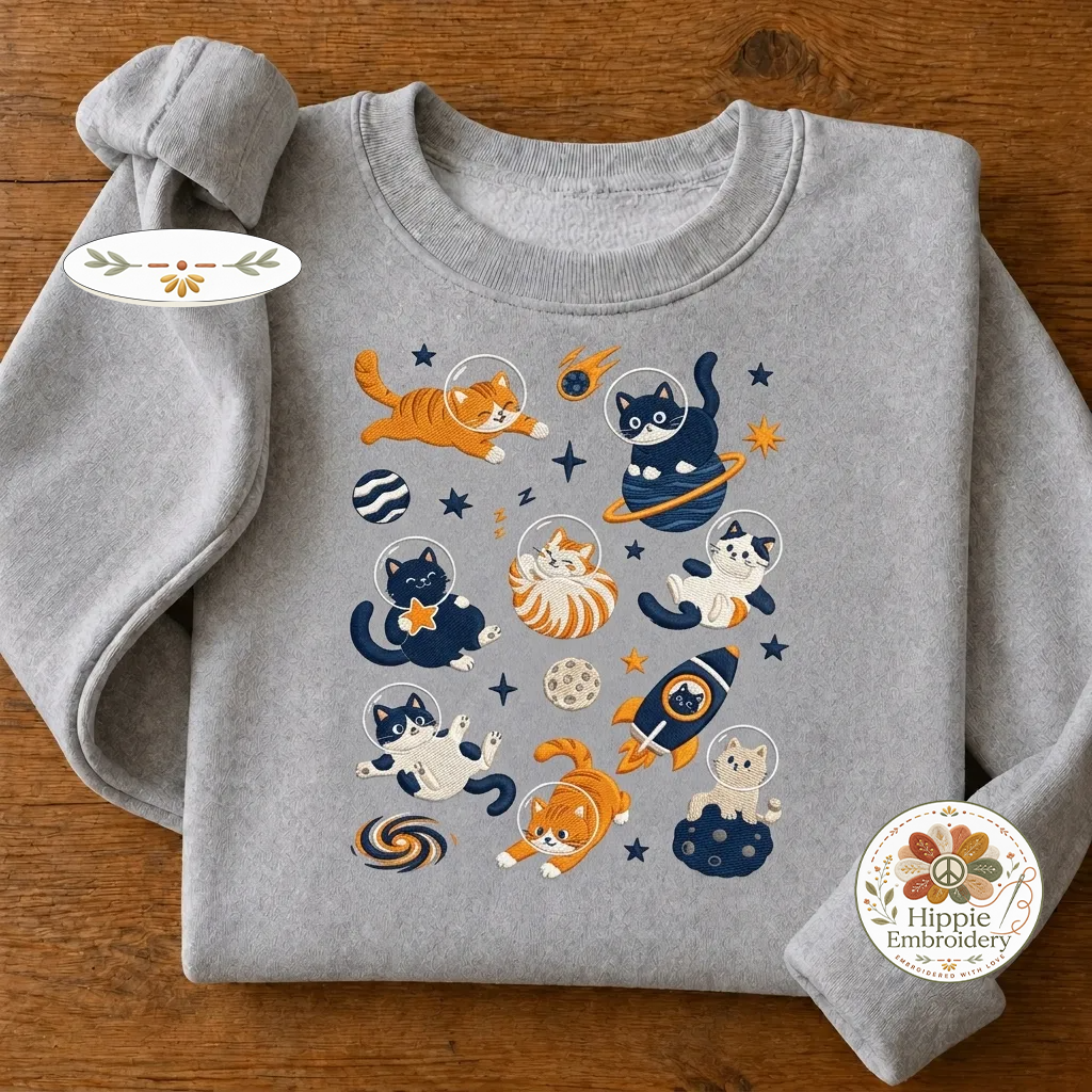 Embroidered Space Cats Astronaut Sweatshirt, Celestial Cat Crew