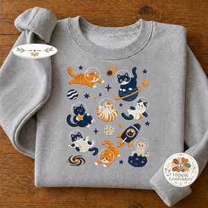 Embroidered Space Cats Astronaut Sweatshirt, Celestial Cat Crew