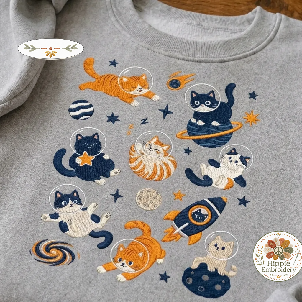Embroidered Space Cats Astronaut Sweatshirt, Celestial Cat Crew