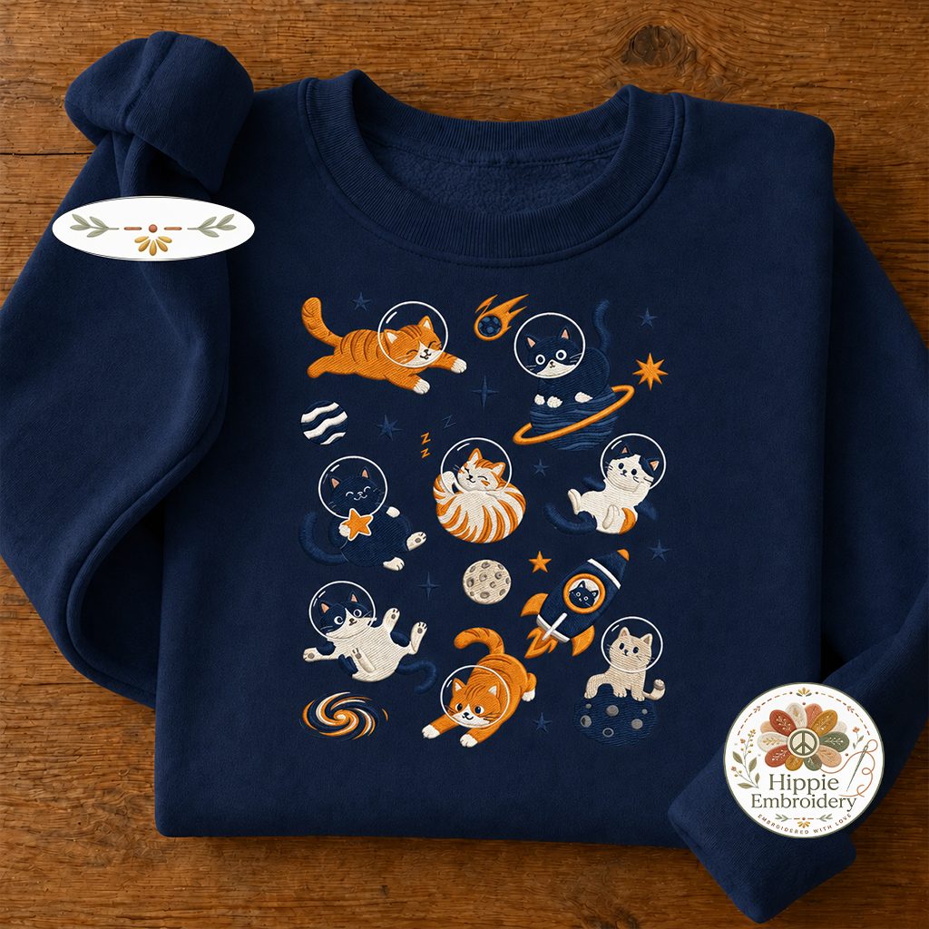 Embroidered Space Cats Astronaut Sweatshirt, Celestial Cat Crew