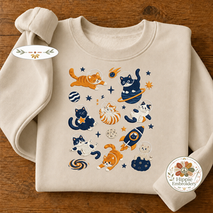 Embroidered Space Cats Astronaut Sweatshirt, Celestial Cat Crew