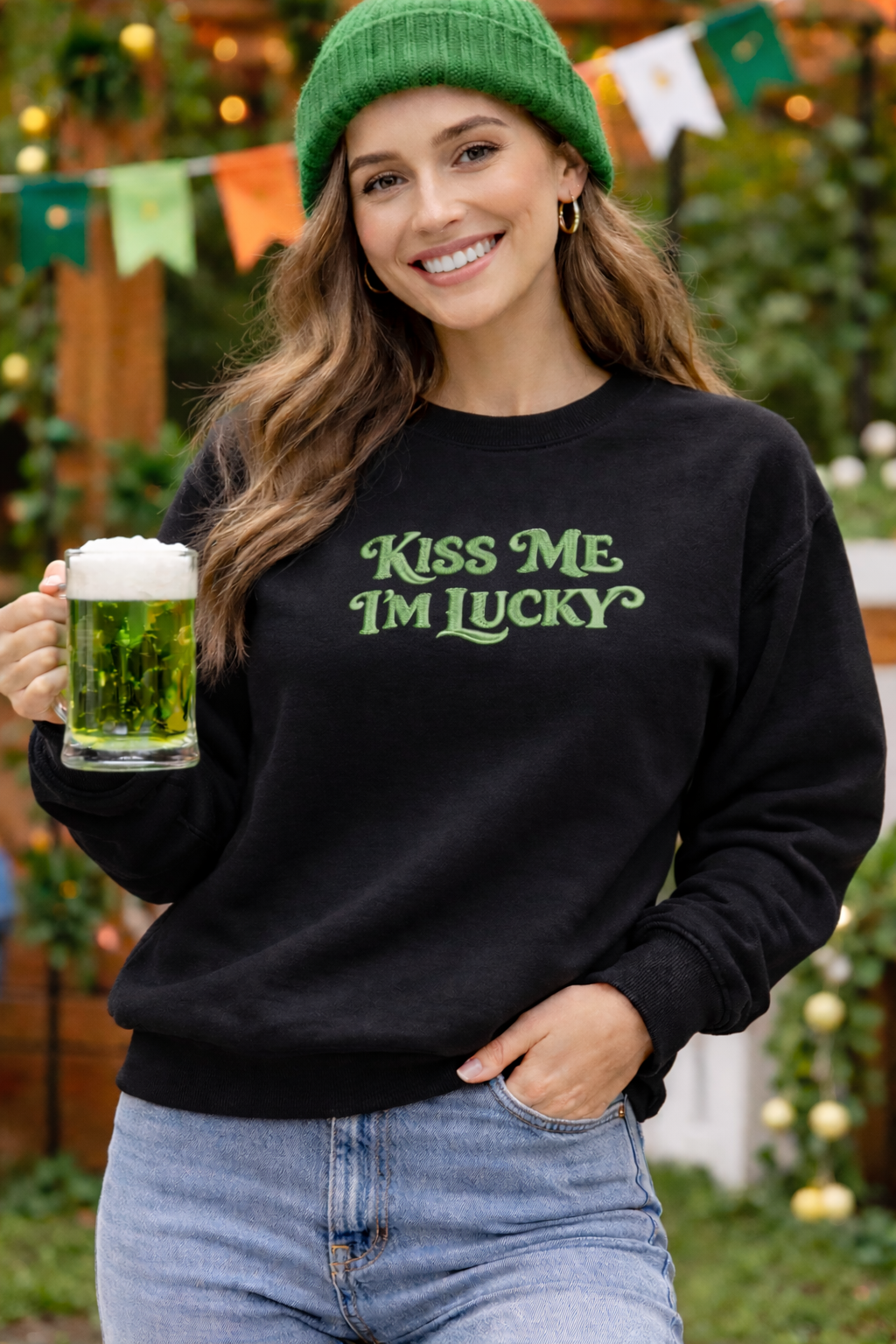 Embroidered St. Patricks Day Sweatshirt, Kiss Me Lucky Top