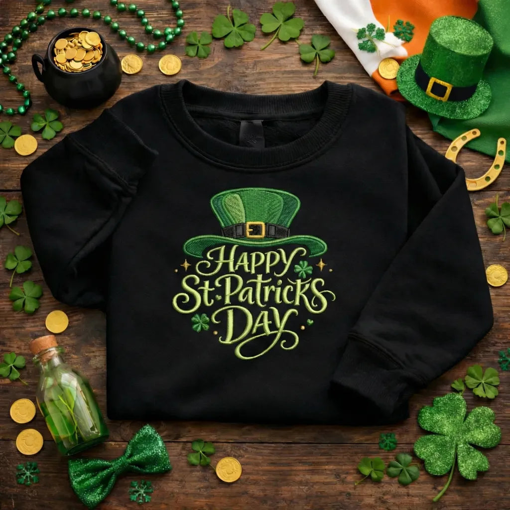 Embroidered St. Patricks Day Sweatshirt, Leprechaun Hat Top