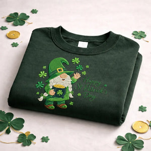 Embroidered St Patricks Day Sweatshirt, Leprechaun Gnome Top