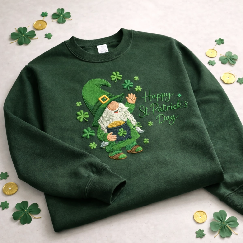 Embroidered St Patricks Day Sweatshirt, Lucky Leprechaun Gnome Crewneck - 0031