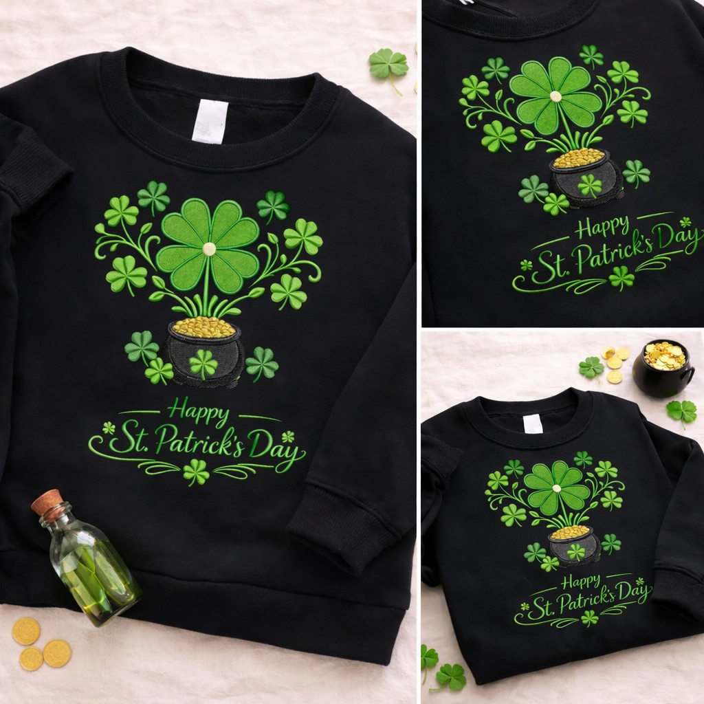 Embroidered St Patricks Day Sweatshirt, Shamrock Gold Top