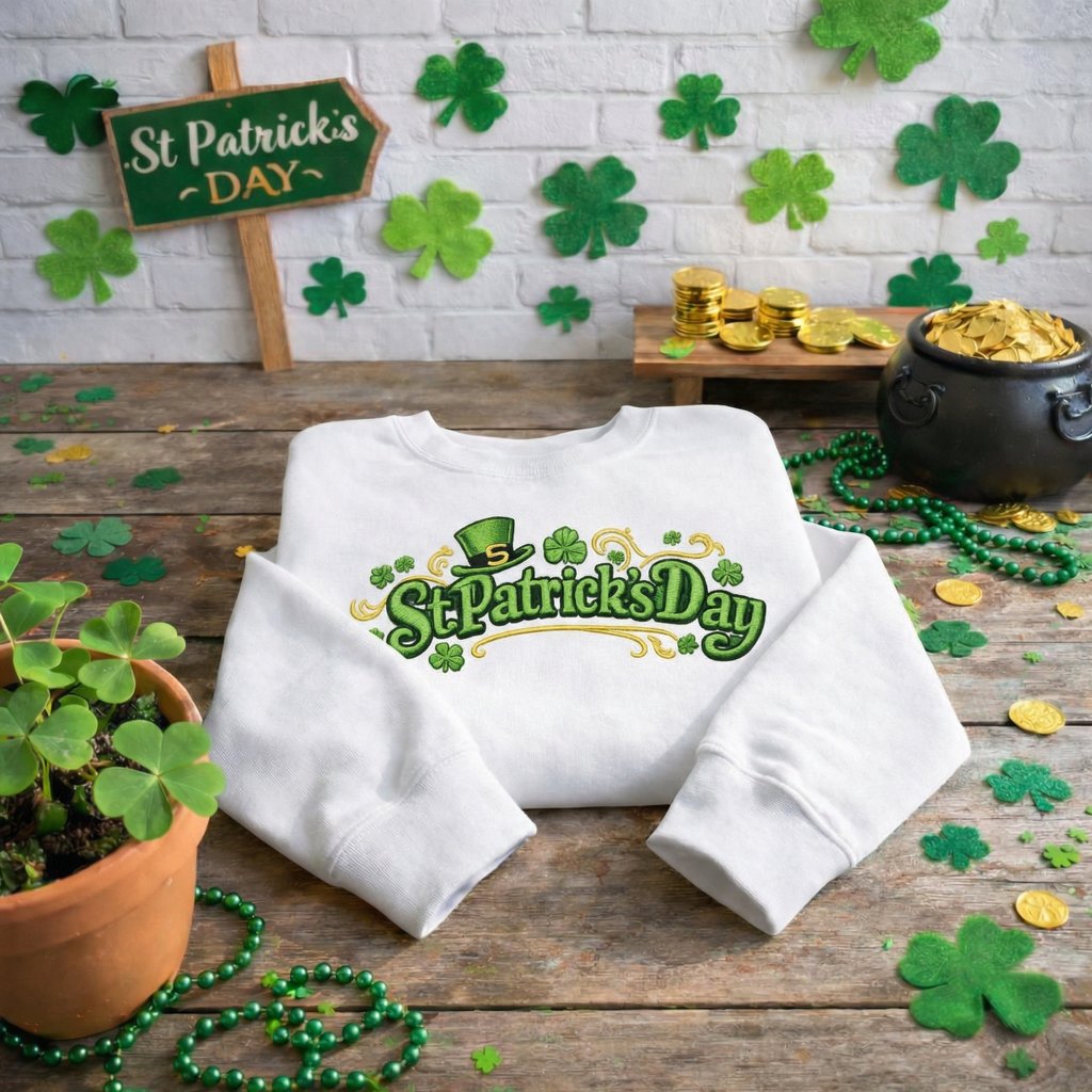 Embroidered St Patricks Day Sweatshirt, Shamrock Top