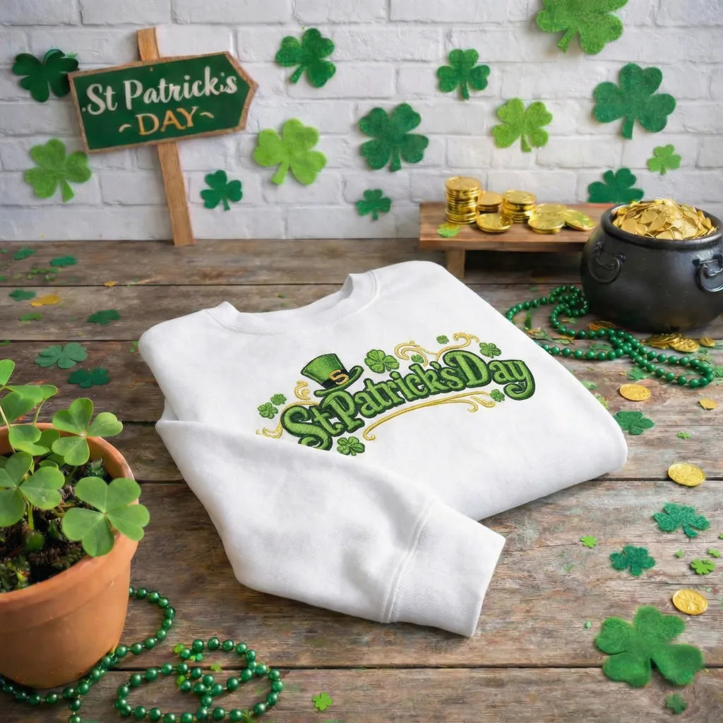 Embroidered St Patricks Day Sweatshirt, Shamrock Top