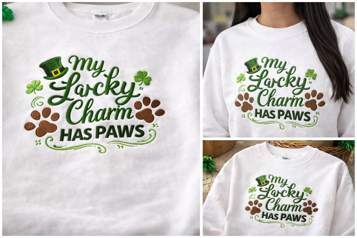 Embroidered St Patricks Sweatshirt, Dog Paw Shamrock Top