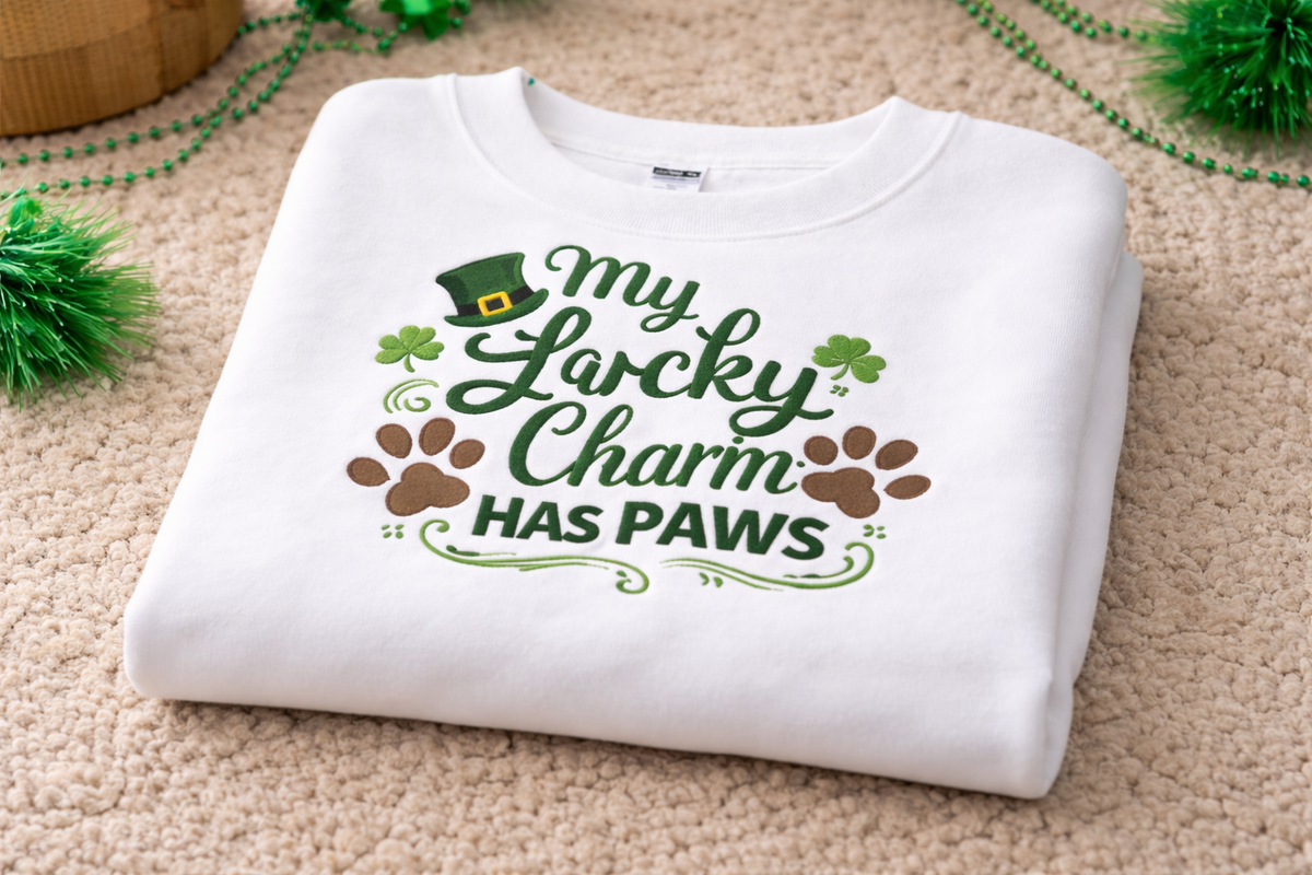 Embroidered St Patricks Sweatshirt, Dog Paw Shamrock Top