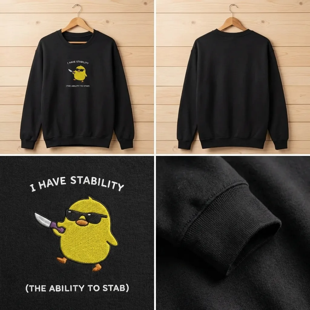 Embroidered Stability Duck Sweatshirt, Sarcastic Duck Meme Crewneck