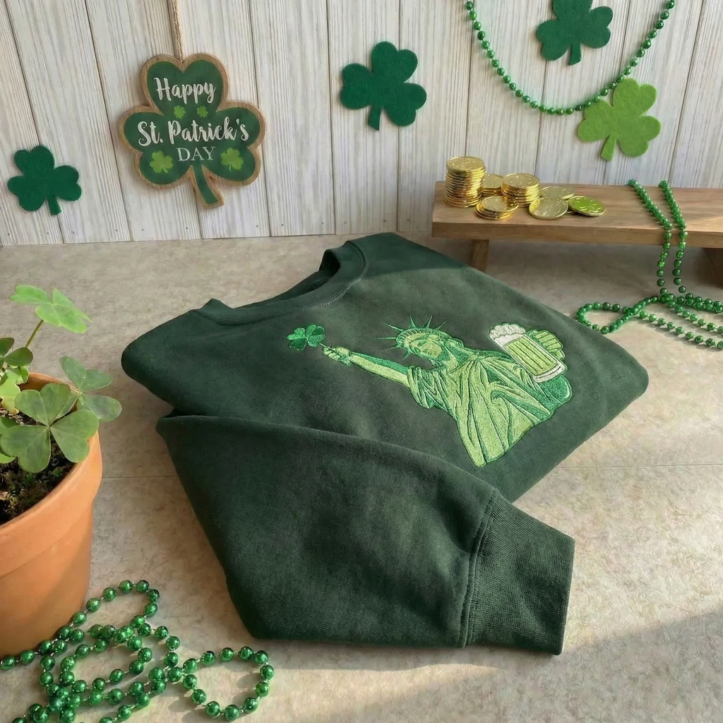 Embroidered Statue of Liberty Sweatshirt, Lucky Irish Top