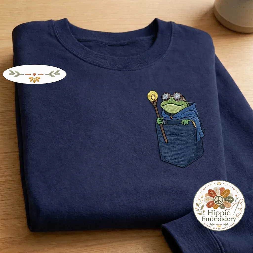 Embroidered Steampunk Frog Faux Pocket Sweatshirt, Fantasy Crewneck