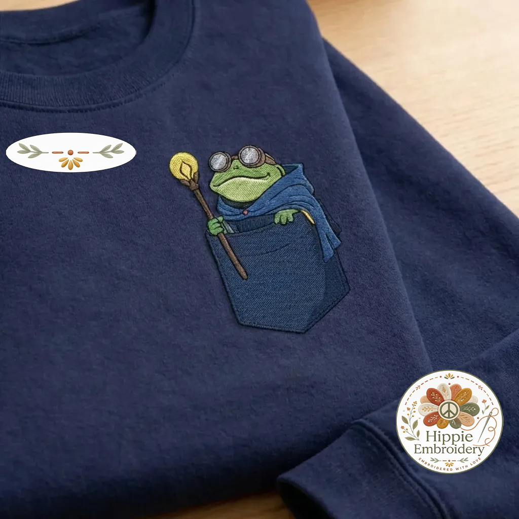 Embroidered Steampunk Frog Faux Pocket Sweatshirt, Fantasy Crewneck