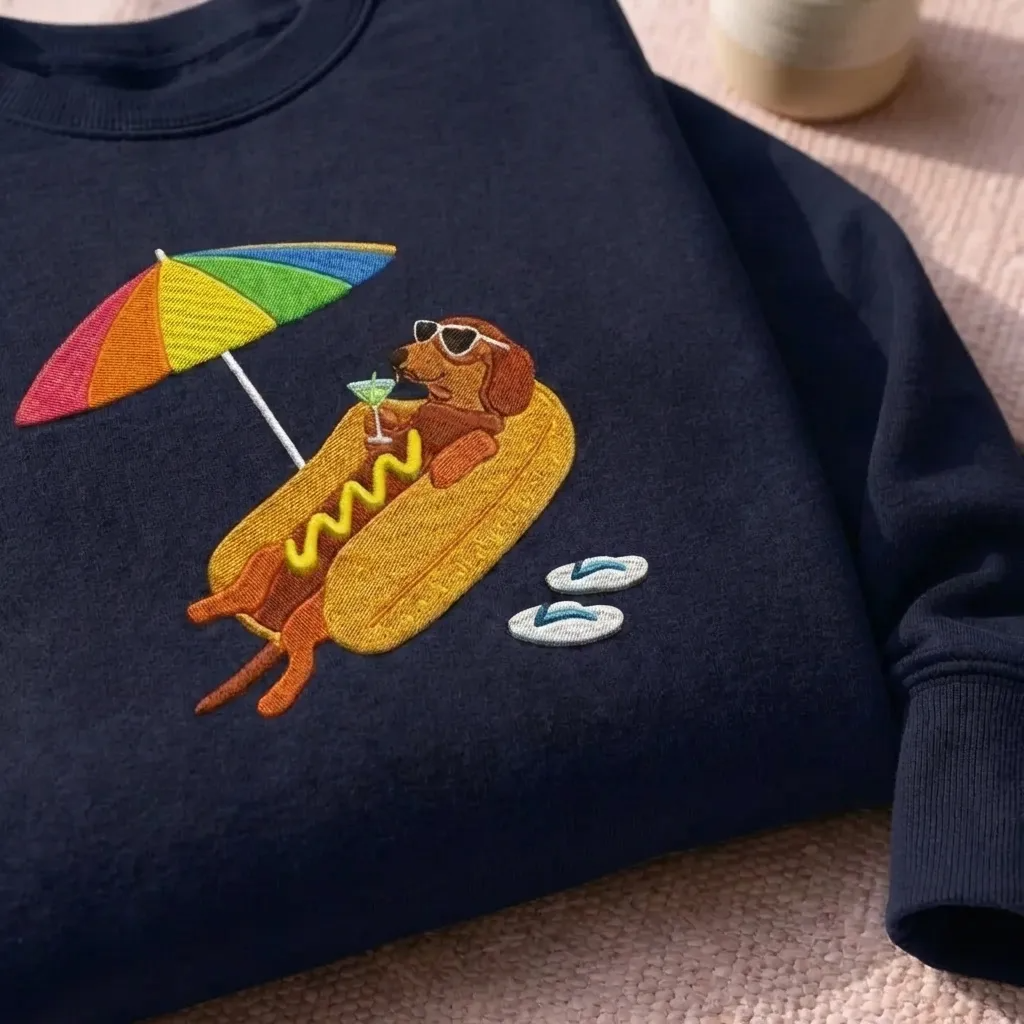 Embroidered Summer Hot Dog Sweatshirt, Funny Dachshund Crewneck