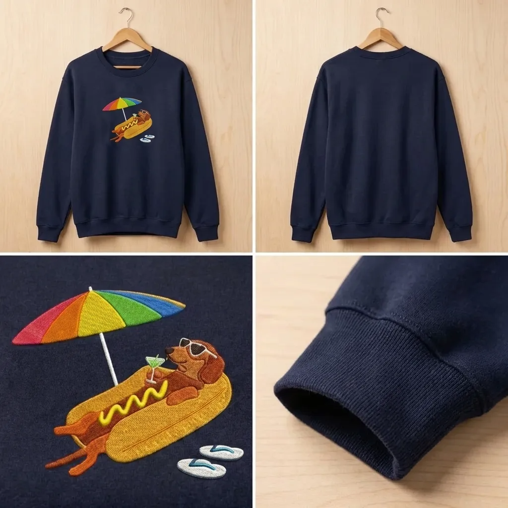 Embroidered Summer Hot Dog Sweatshirt, Funny Dachshund Crewneck