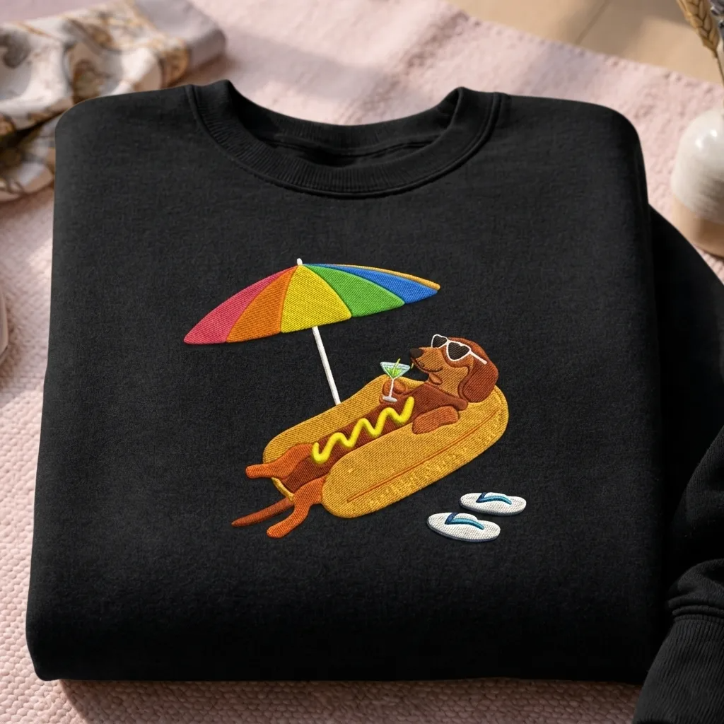 Embroidered Summer Hot Dog Sweatshirt, Funny Dachshund Crewneck