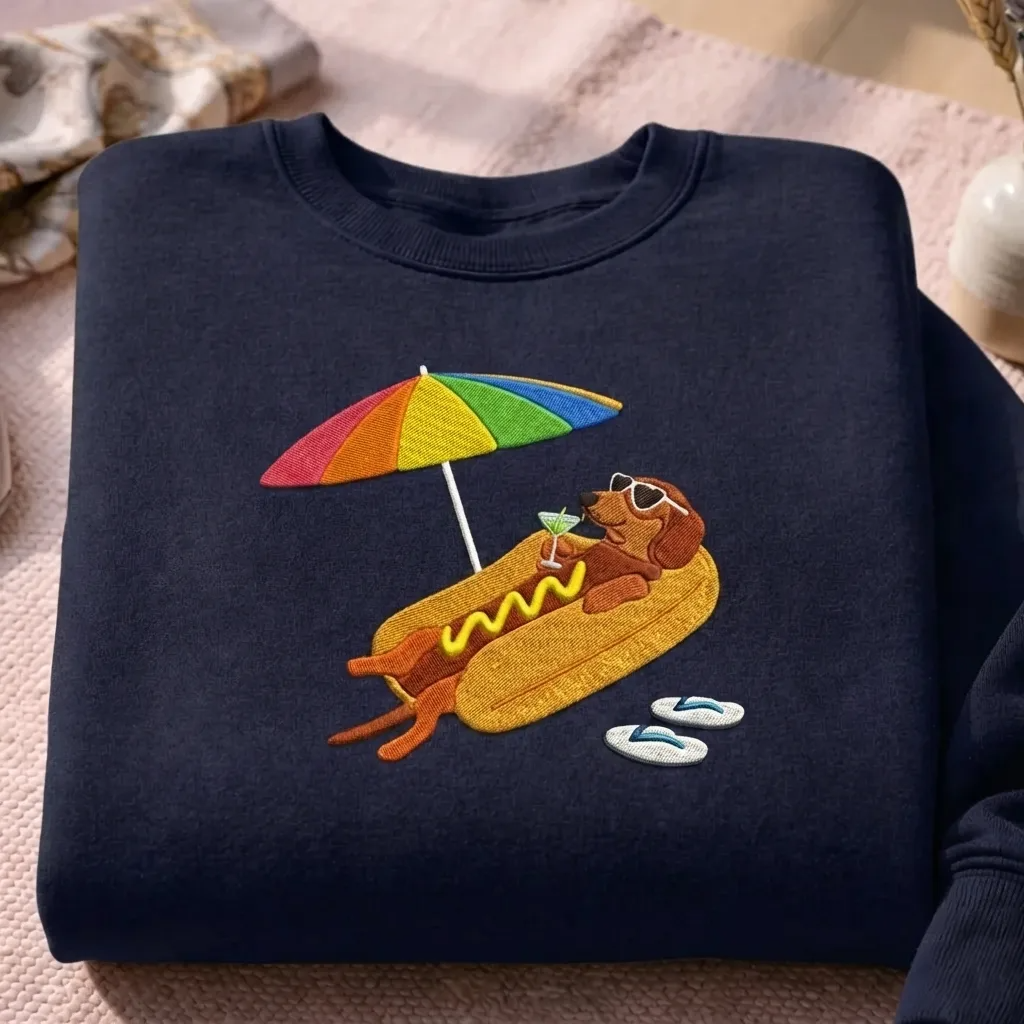 Embroidered Summer Hot Dog Sweatshirt, Funny Dachshund Crewneck