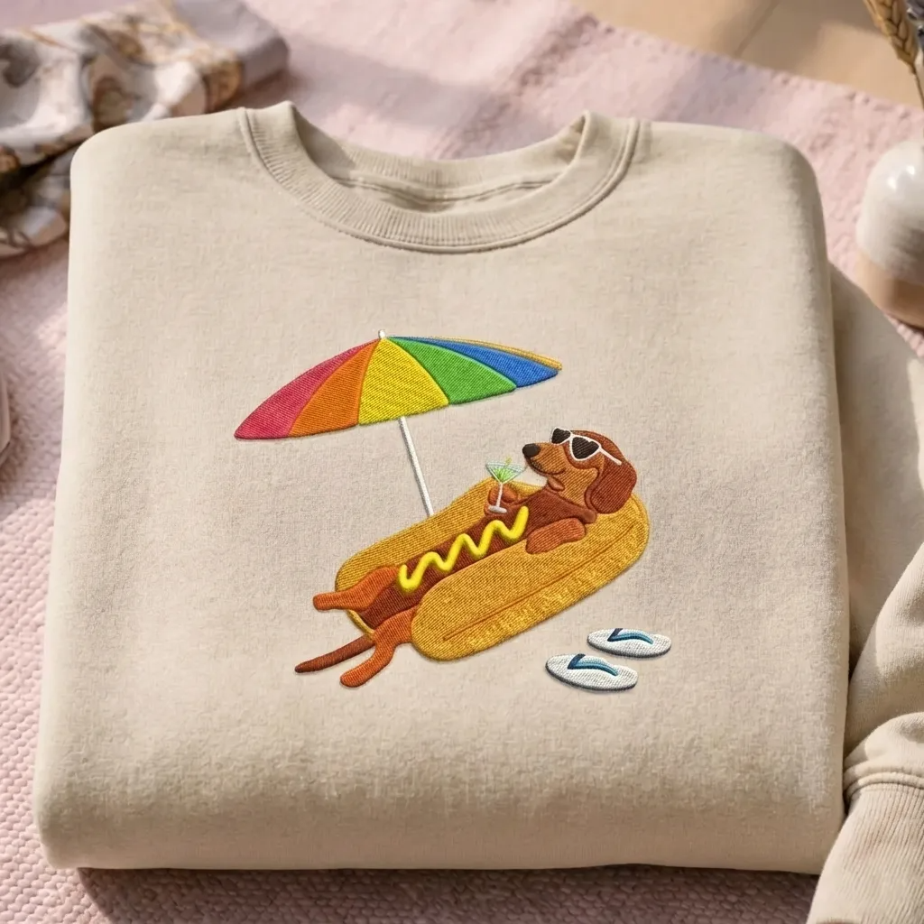Embroidered Summer Hot Dog Sweatshirt, Funny Dachshund Crewneck