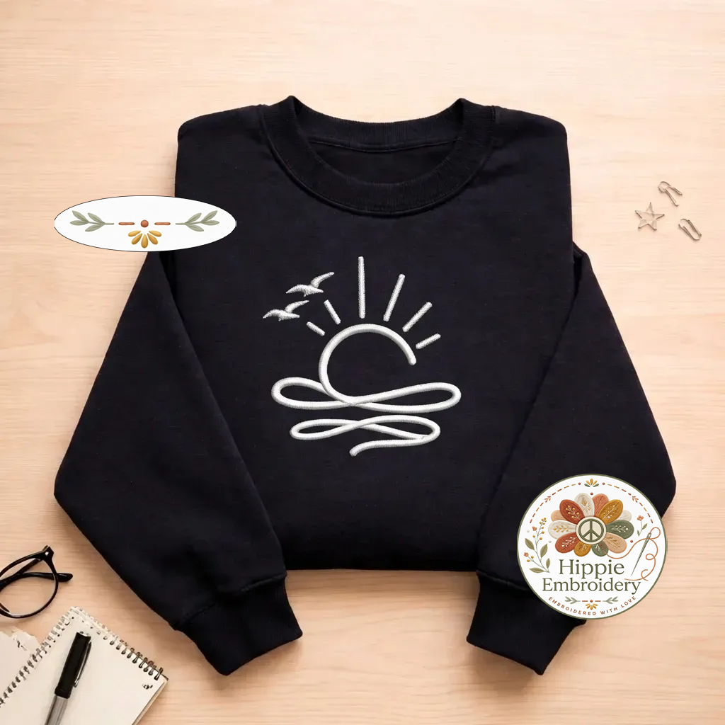 Embroidered Sun Ocean Sweatshirt, Linear Boho Summer Shirt