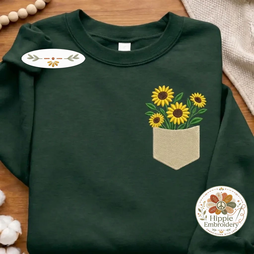 Embroidered Sunflowers Pocket Sweatshirt, Floral Faux Pocket Crewneck