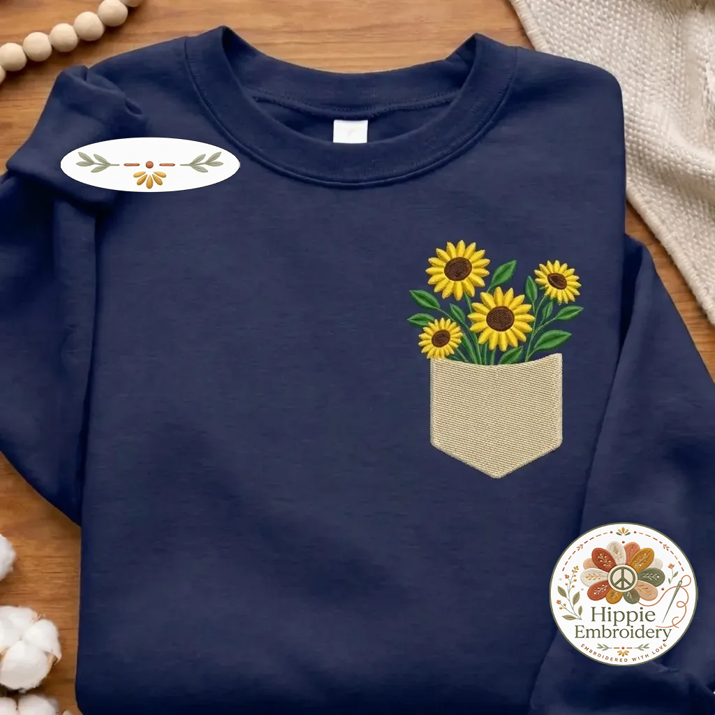 Embroidered Sunflowers Pocket Sweatshirt, Floral Faux Pocket Crewneck